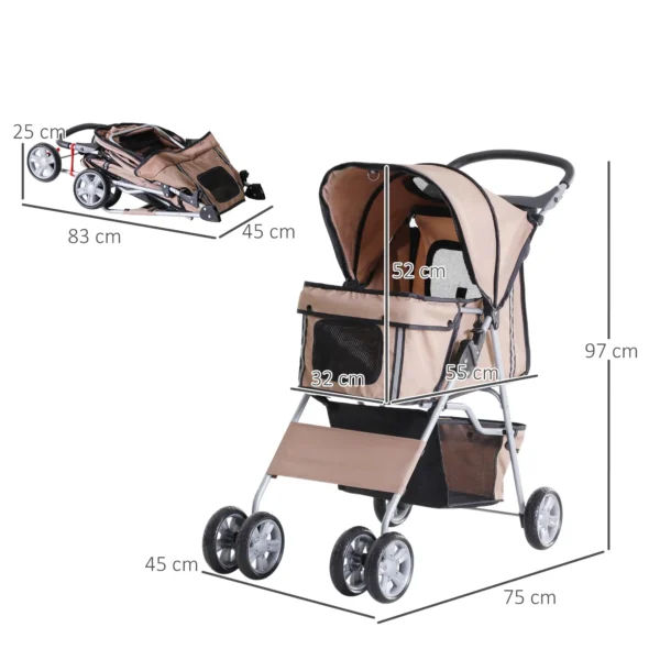 Pet Travel Stroller Pushchair Carrier Three Wheels-Brown - Image 11
