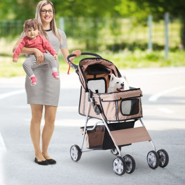 Pet Travel Stroller Pushchair Carrier Three Wheels-Brown - Image 2