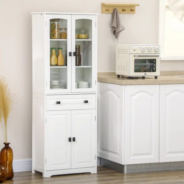 Kitchen Cupboard, Freestanding Storage Cabinet with 2 Adjustable Shelves, Drawer and Glass Door 160cm, White - Image 10