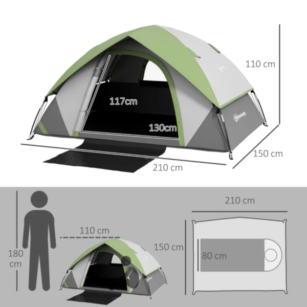 Camping Tent Three Man Single Room Dome Tent with Accessories Green/Grey - Image 10