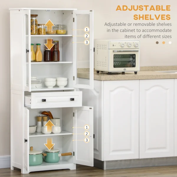 Kitchen Cupboard, Freestanding Storage Cabinet with 2 Adjustable Shelves, Drawer and Glass Door 160cm, White - Image 5