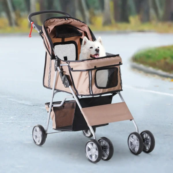 Pet Travel Stroller Pushchair Carrier Three Wheels-Brown - Image 4