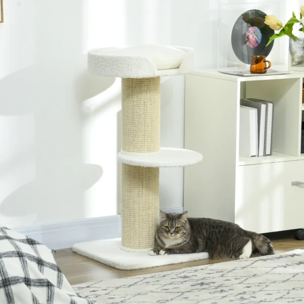 2 Tier Cat Tree with Basket Cushion Sisal Post Cream White - Image 4