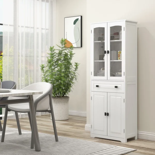 Kitchen Cupboard, Freestanding Storage Cabinet with 2 Adjustable Shelves, Drawer and Glass Door 160cm, White - Image 2