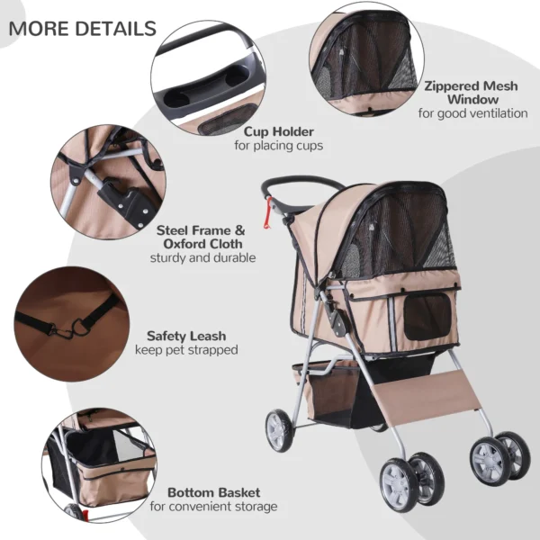 Pet Travel Stroller Pushchair Carrier Three Wheels-Brown - Image 8