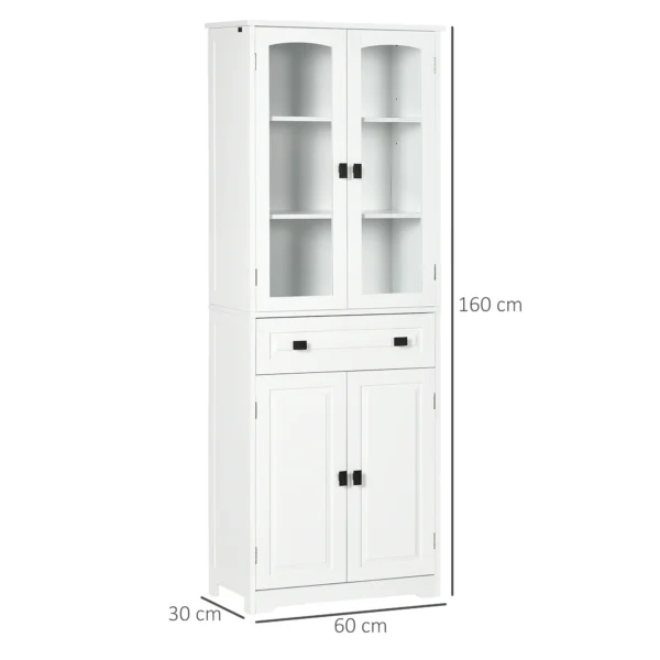 Kitchen Cupboard, Freestanding Storage Cabinet with 2 Adjustable Shelves, Drawer and Glass Door 160cm, White - Image 3
