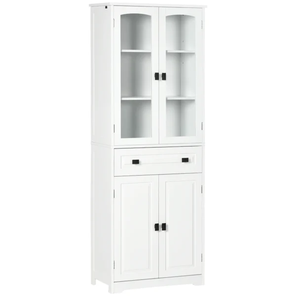 Kitchen Cupboard, Freestanding Storage Cabinet with 2 Adjustable Shelves, Drawer and Glass Door 160cm, White