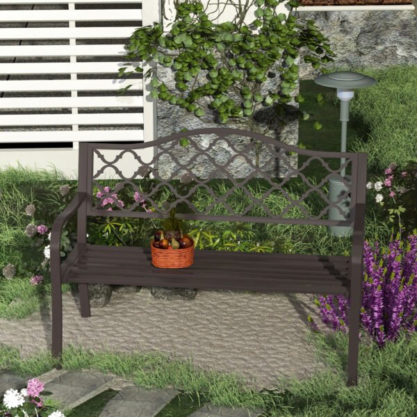 Outdoor Garden Bench Antique Style Cast Iron 2 Seater Patio Porch Brown - Image 7