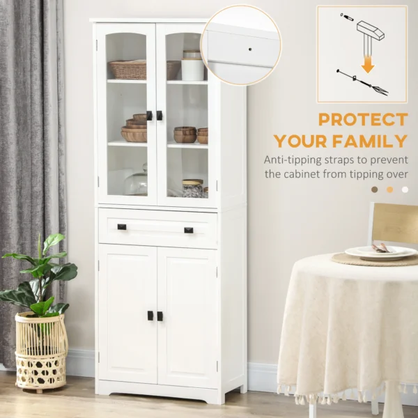 Kitchen Cupboard, Freestanding Storage Cabinet with 2 Adjustable Shelves, Drawer and Glass Door 160cm, White - Image 6