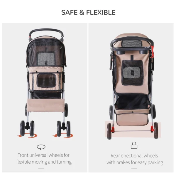 Pet Travel Stroller Pushchair Carrier Three Wheels-Brown - Image 9