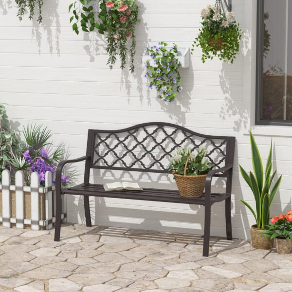 Outdoor Garden Bench Antique Style Cast Iron 2 Seater Patio Porch Brown - Image 2