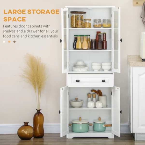 Kitchen Cupboard, Freestanding Storage Cabinet with 2 Adjustable Shelves, Drawer and Glass Door 160cm, White - Image 4