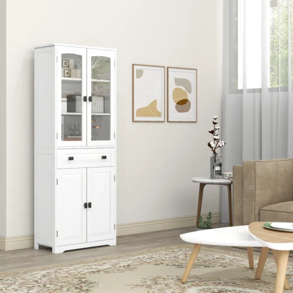 Kitchen Cupboard, Freestanding Storage Cabinet with 2 Adjustable Shelves, Drawer and Glass Door 160cm, White - Image 7