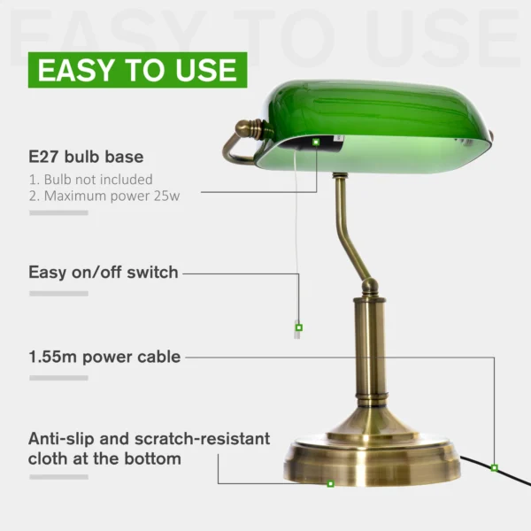 Banker's Table Lamp Green Glass Shade with Antique Bronze Base - Image 5
