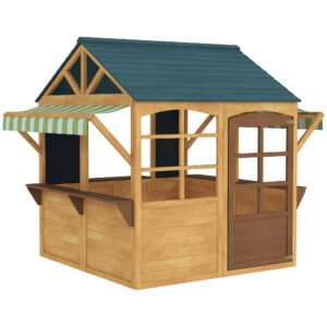Wooden Playhouse for Kids, Foldable Windows, Working Door and Service Stations