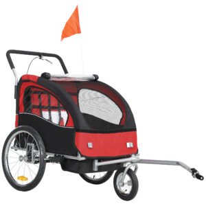 2 Seat Bike Trailer w 5 Point Harness, Safety Flag, Reflectors, Red