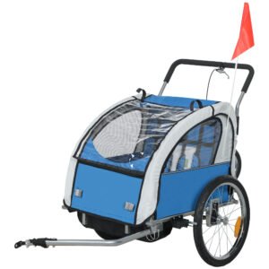 2 Seat Bike Trailer w 5 Point Harness, Safety Flag, Reflectors, Blue