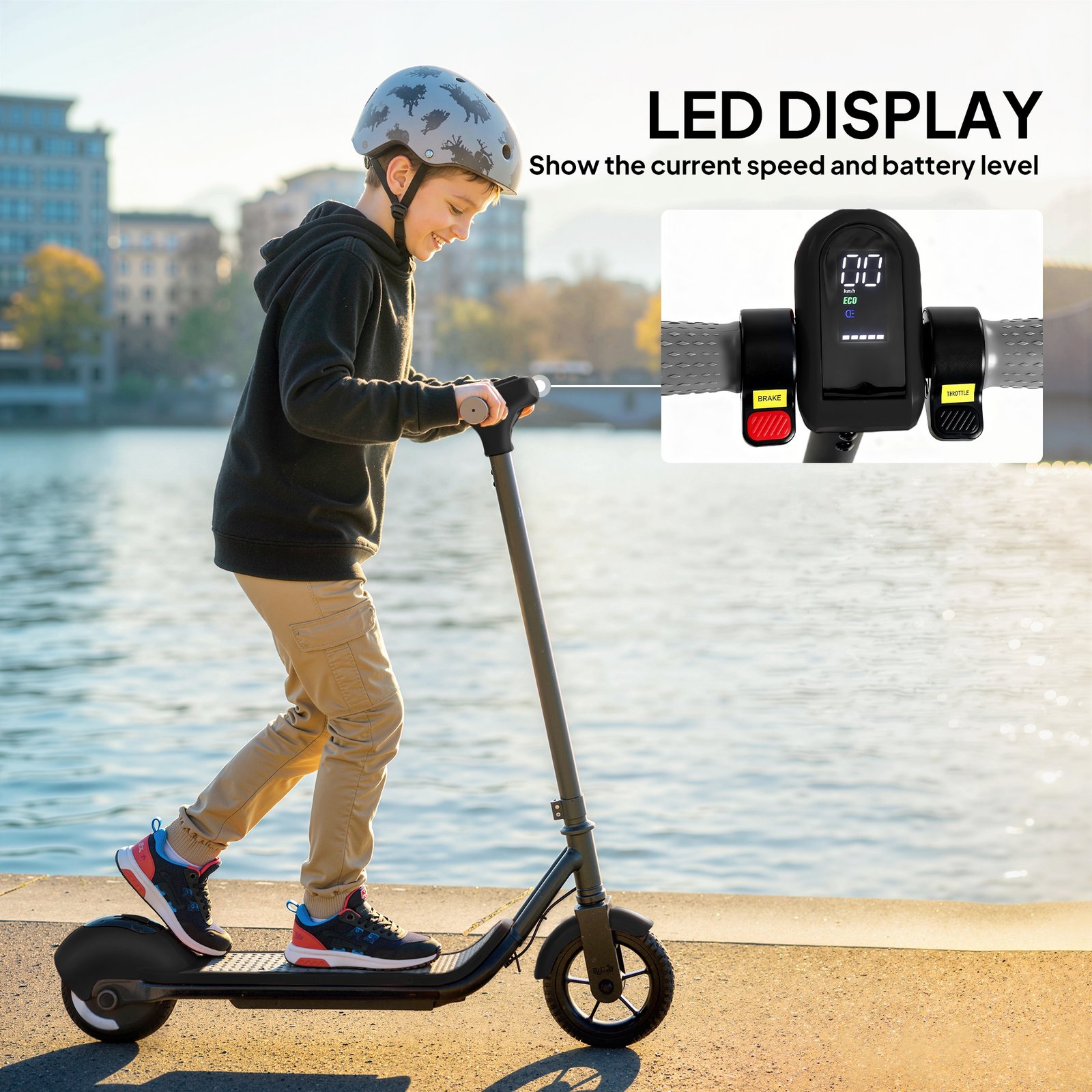 Electric Scooter, Lightweight Kids Scooter with LED Display, Black - Image 8