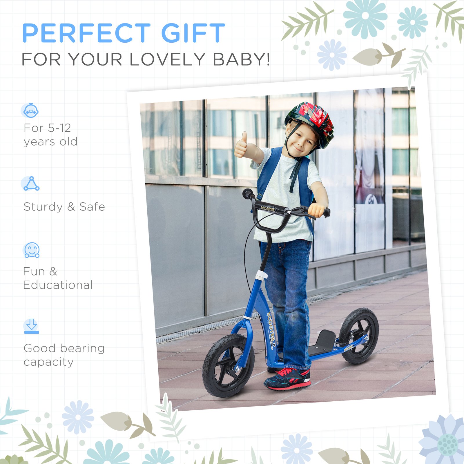 Blue Kids Kick Scooter with Adjustable Handlebar & 12” EVA Tyres – Big Wheel Scooter for Ages 5–12 with Rear Brake - Image 6