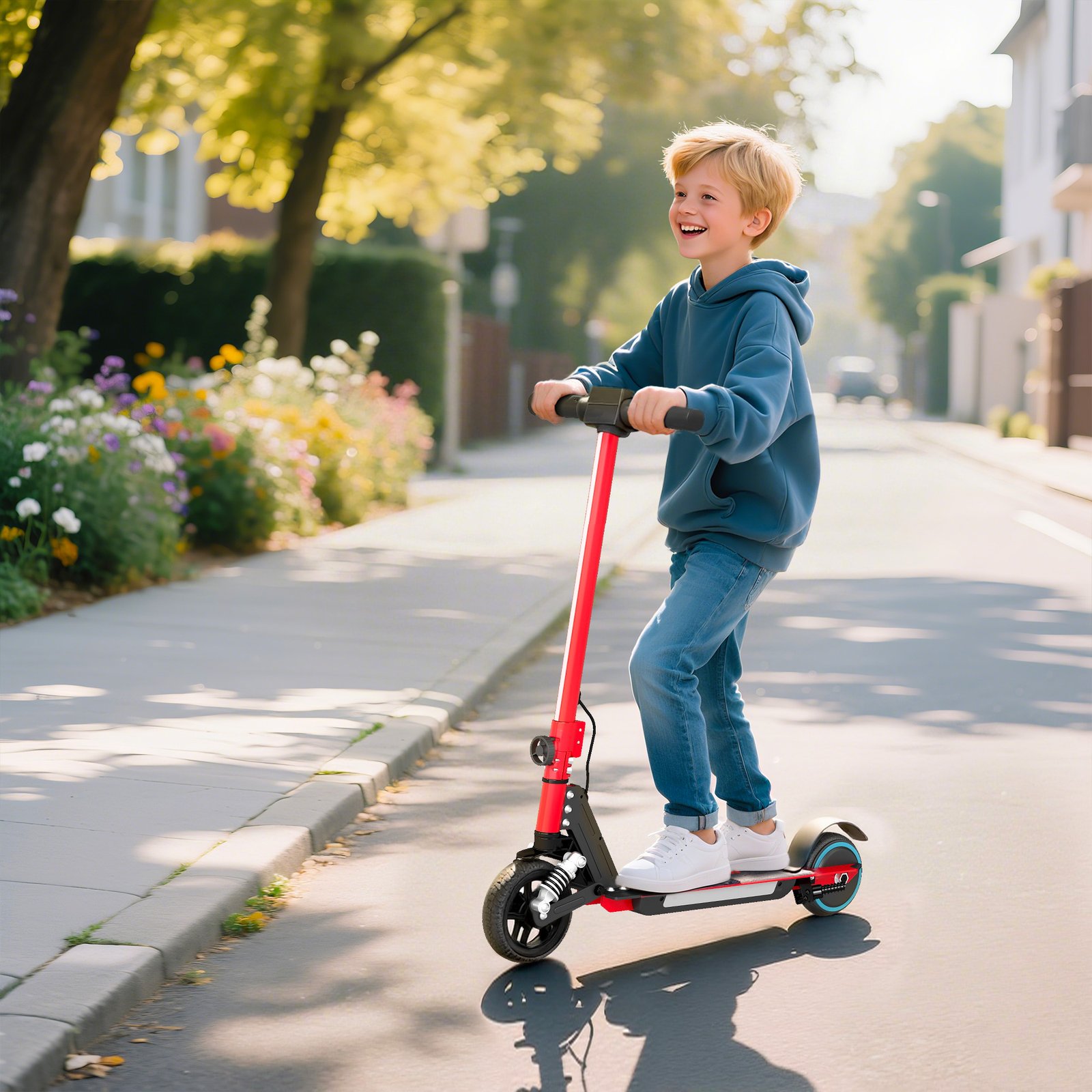 Foldable Electric Scooter for Kids – Dual Brakes, Front Suspension, Colourful LED Lights, Red Scooter - Image 2