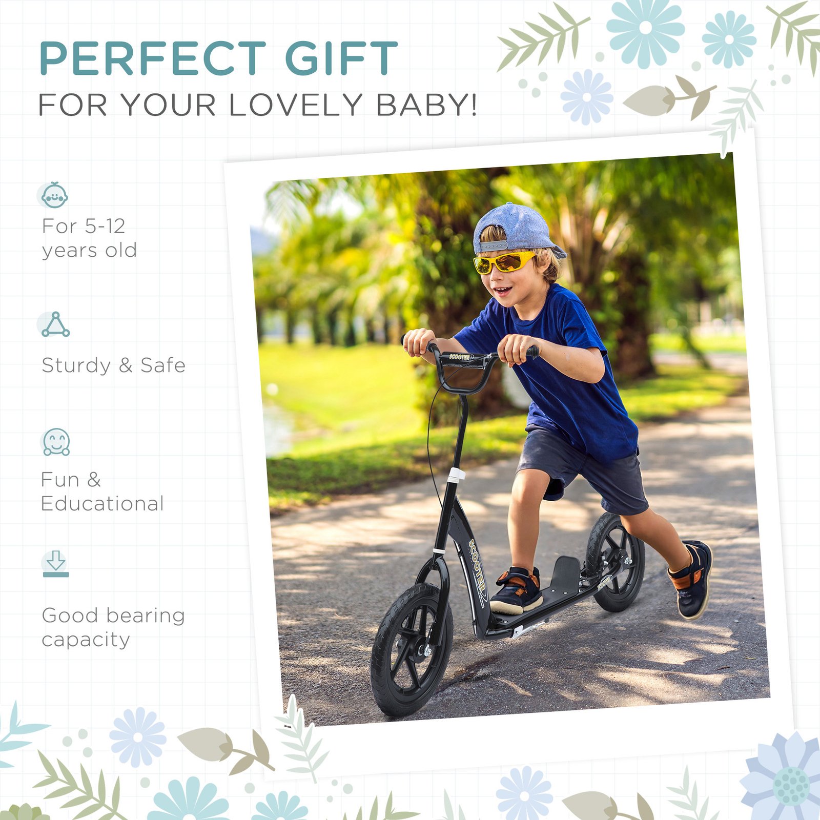 Black Kids Kick Scooter with Adjustable Handlebar & 12” EVA Tyres – Big Wheel Scooter for Ages 5–12 with Rear Brake - Image 4