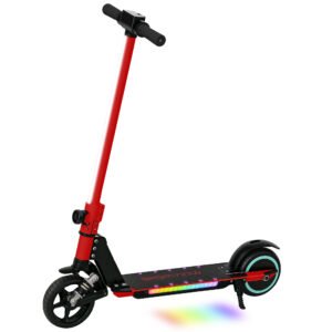 Foldable Electric Scooter for Kids – Dual Brakes, Front Suspension, Colourful LED Lights, Red Scooter