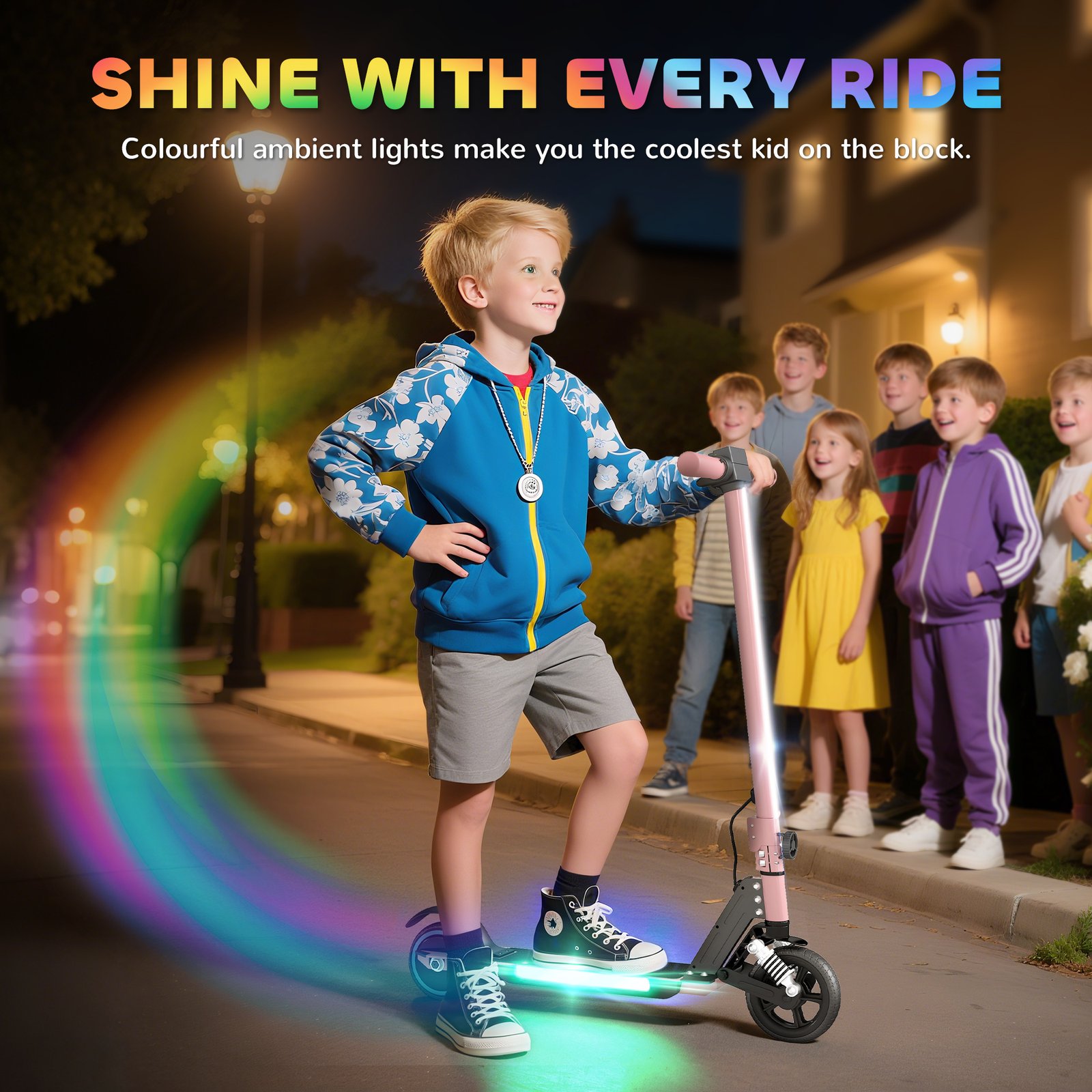 Foldable Electric Scooter for Kids – Dual Brakes, Front Suspension, Colourful LED Lights, Pink Scooter - Image 5