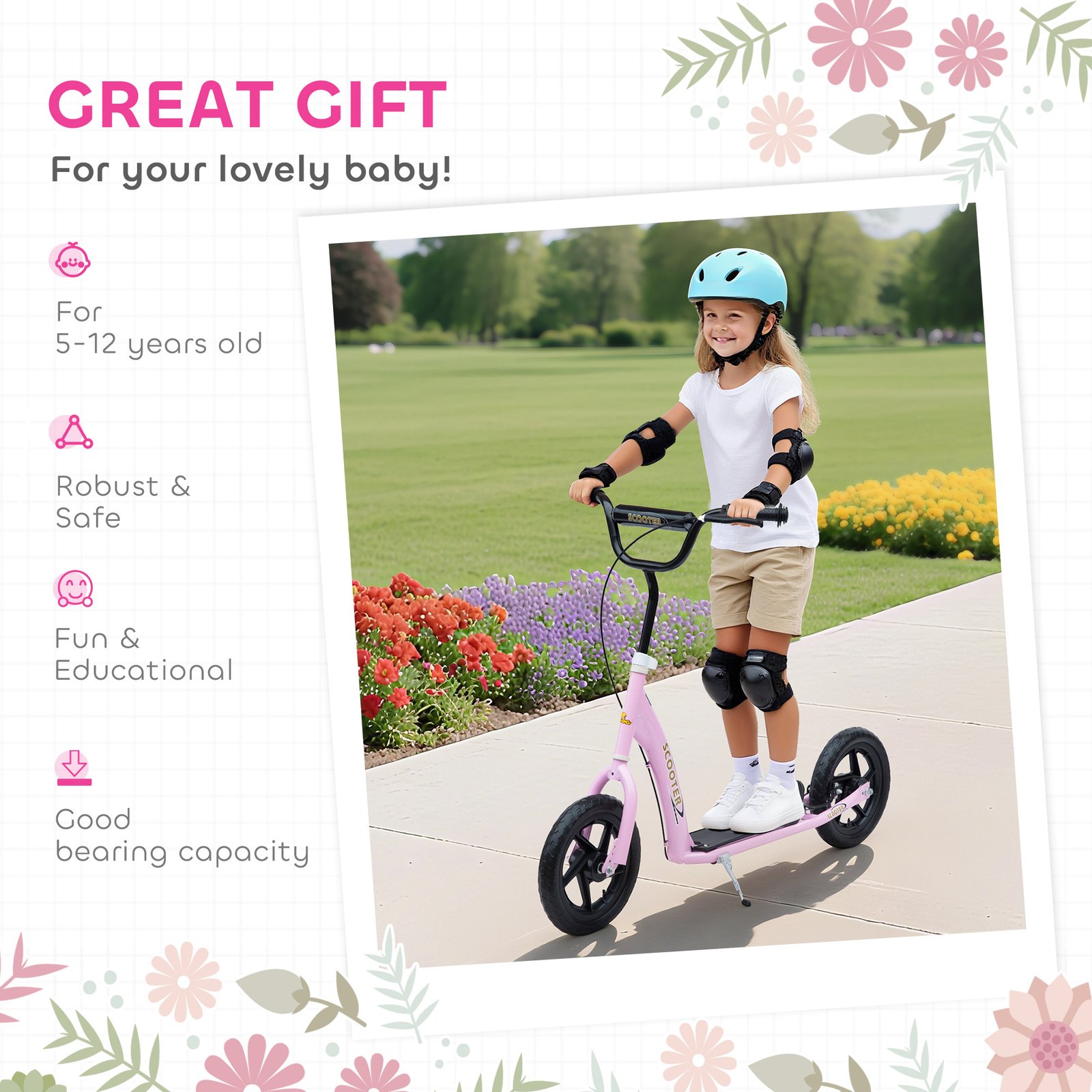 Pink Kids Kick Scooter with Adjustable Handlebar & 12” EVA Tyres – Big Wheel Scooter for Ages 5–12 with Rear Brake - Image 7