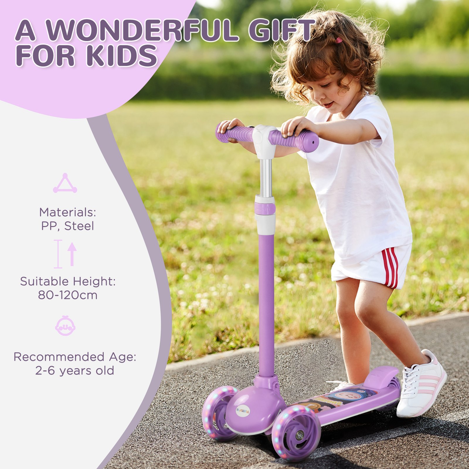 Kids 3 Wheel Scooter (2–6 Years) – Adjustable Height, LED Light Wheels, TPE Handlebar, Purple Scooter - Image 7
