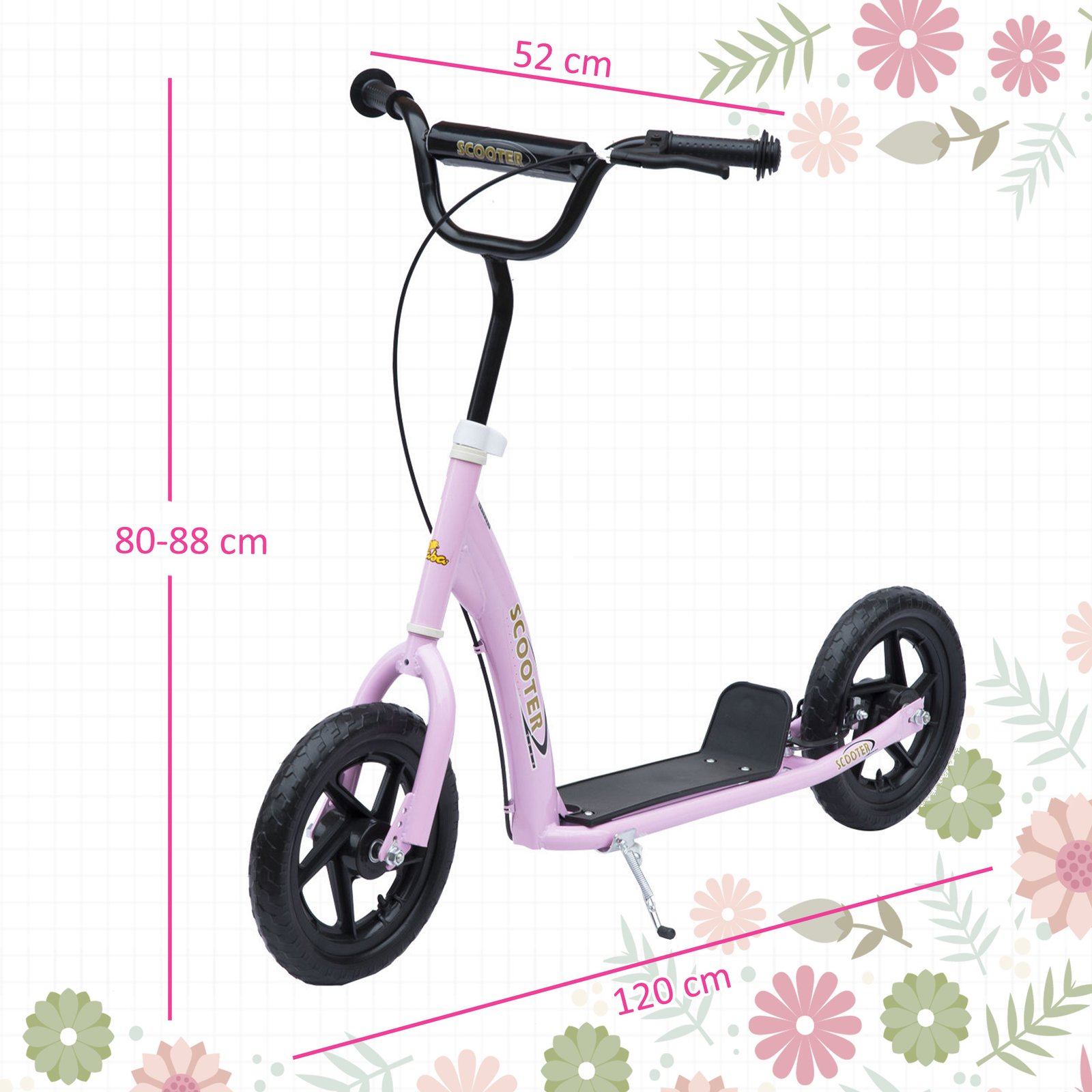 Pink Kids Kick Scooter with Adjustable Handlebar & 12” EVA Tyres – Big Wheel Scooter for Ages 5–12 with Rear Brake - Image 3