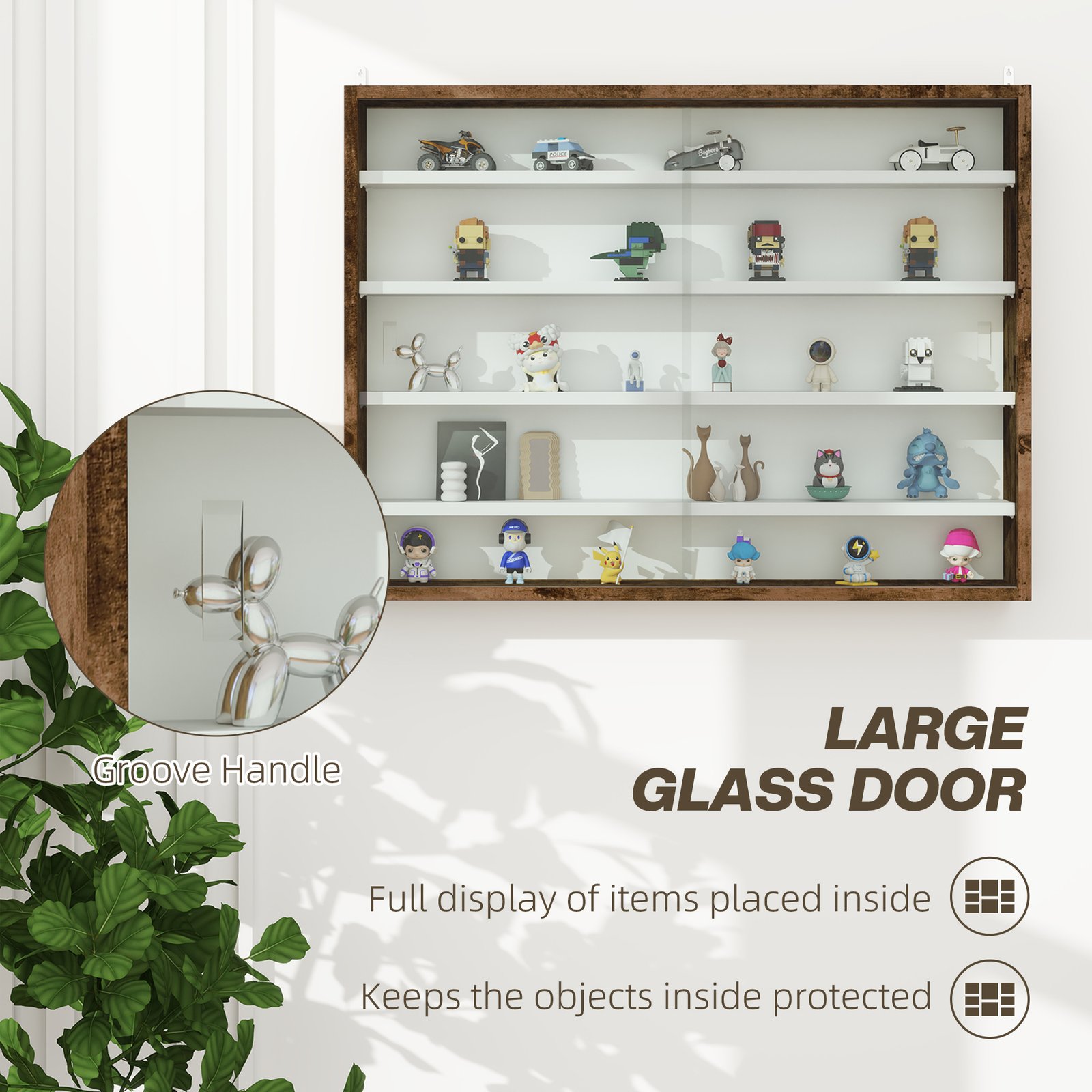 Wall Mounted Display Cabinet with Glass Doors – 5 Tier Wooden Display Unit with Adjustable Shelves for Living Room, Office & Ornaments (60x80cm, Rustic Brown) - Image 5