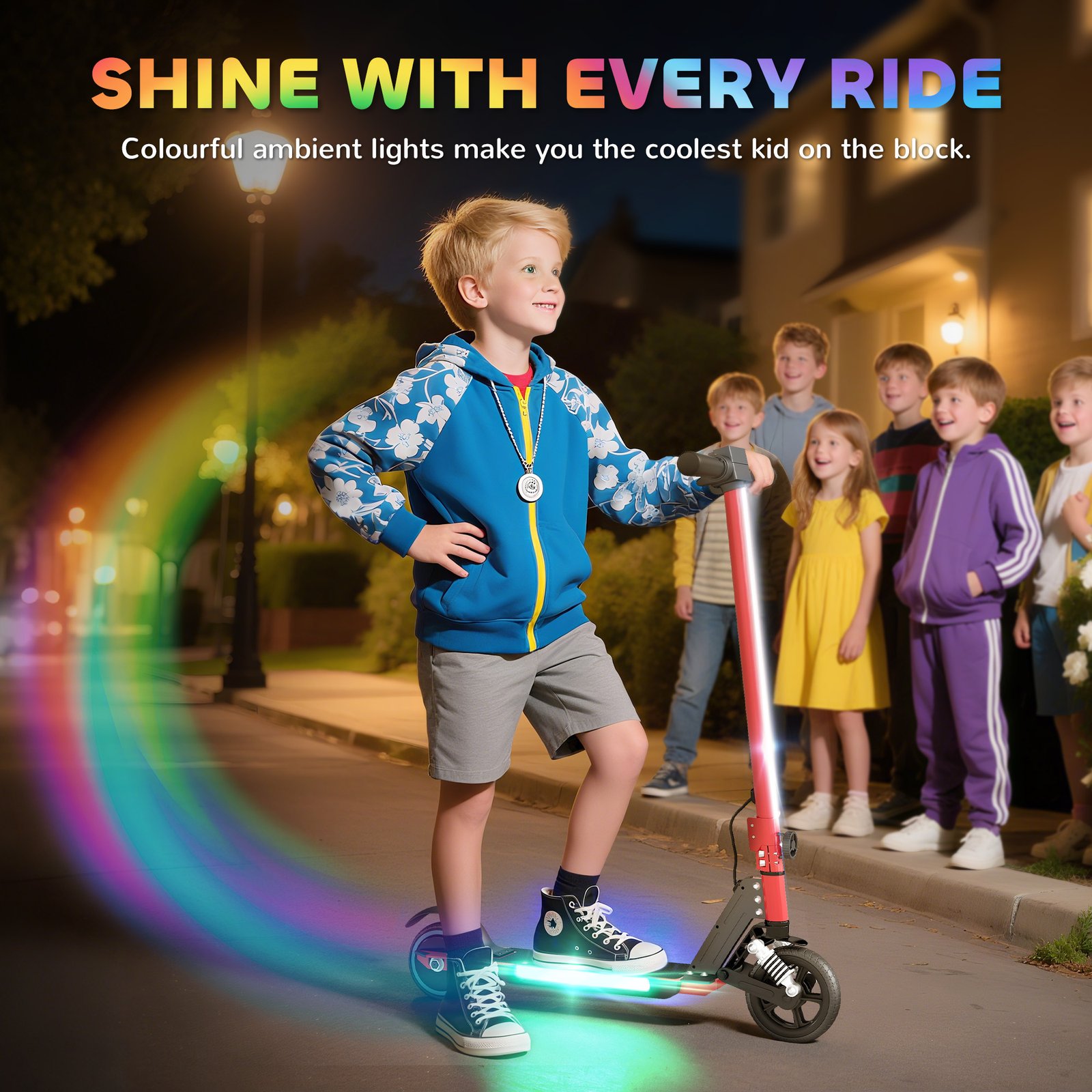 Foldable Electric Scooter for Kids – Dual Brakes, Front Suspension, Colourful LED Lights, Red Scooter - Image 5