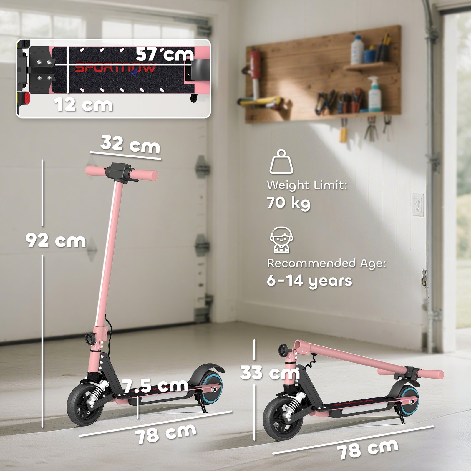 Foldable Electric Scooter for Kids – Dual Brakes, Front Suspension, Colourful LED Lights, Pink Scooter - Image 3