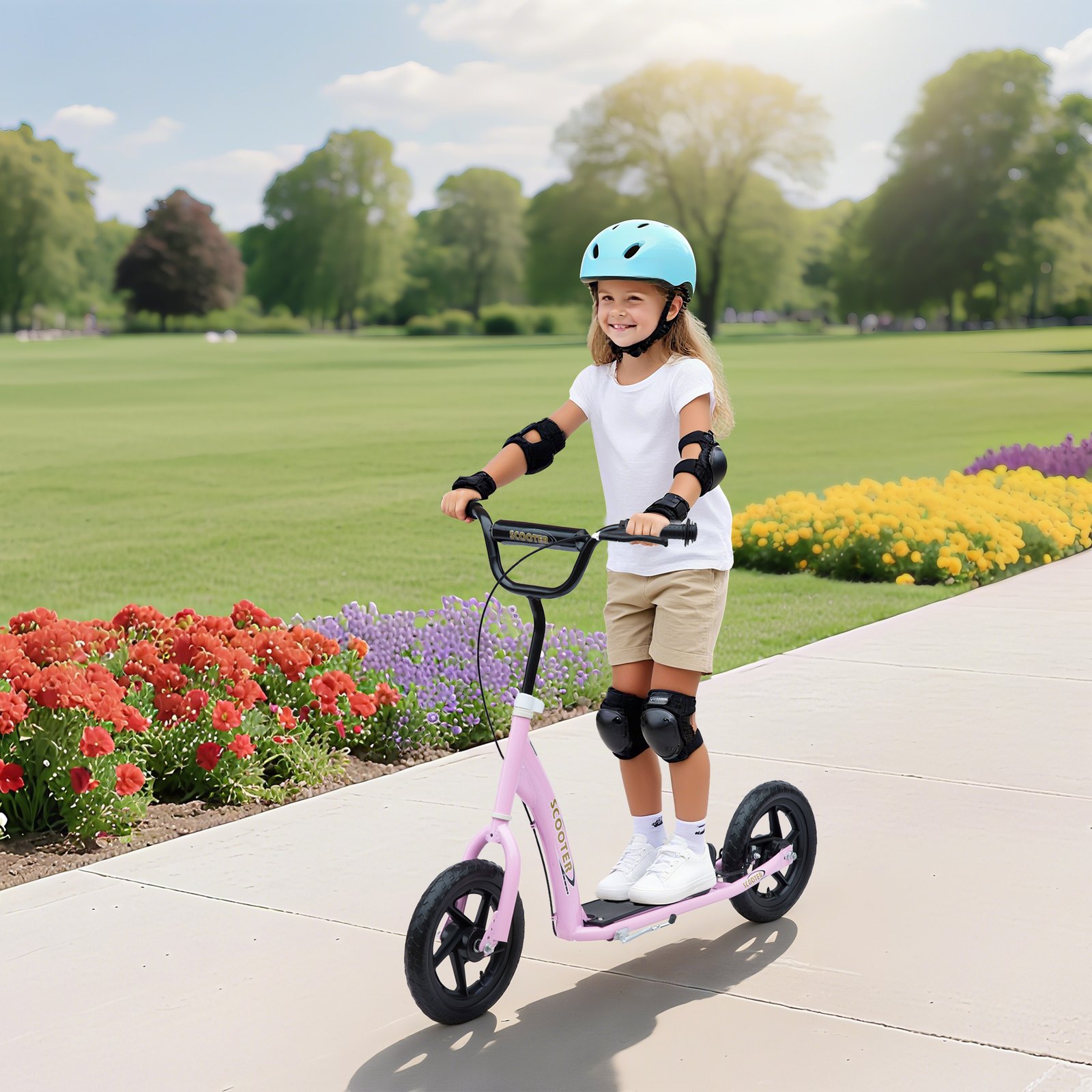 Pink Kids Kick Scooter with Adjustable Handlebar & 12” EVA Tyres – Big Wheel Scooter for Ages 5–12 with Rear Brake - Image 2