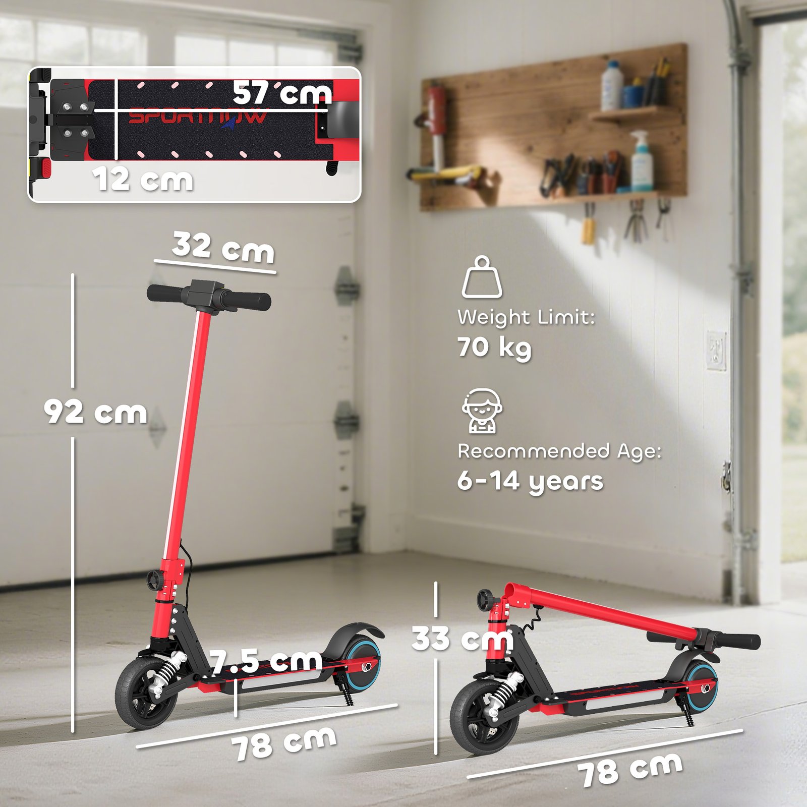 Foldable Electric Scooter for Kids – Dual Brakes, Front Suspension, Colourful LED Lights, Red Scooter - Image 3