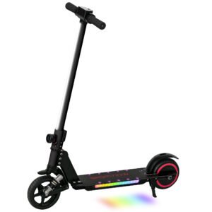 Foldable Electric Scooter for Kids – Dual Brakes, Front Suspension, Colourful LED Lights, Black Scooter