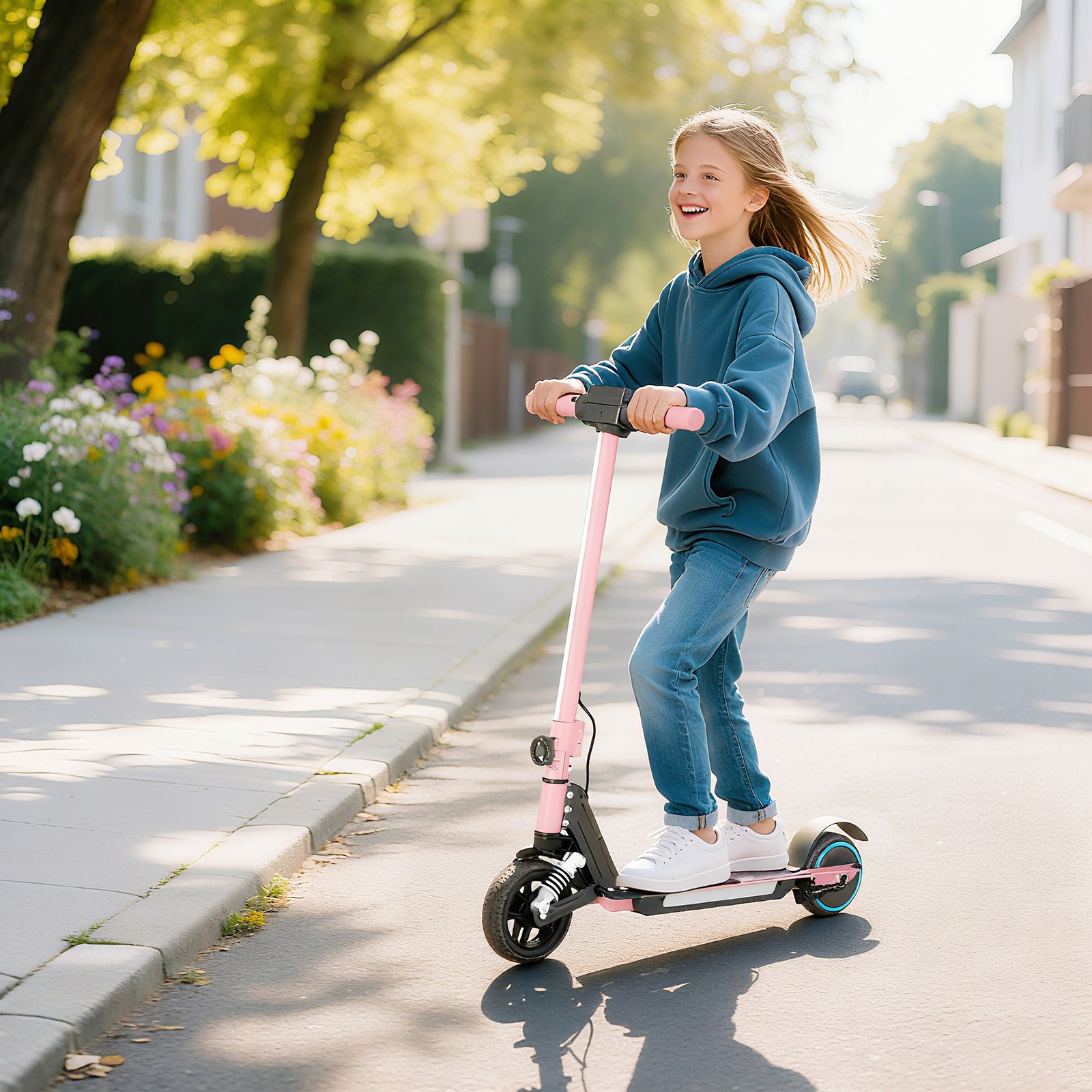 Foldable Electric Scooter for Kids – Dual Brakes, Front Suspension, Colourful LED Lights, Pink Scooter - Image 2