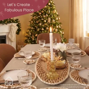 Oval woven table runner styled with placemats and coasters