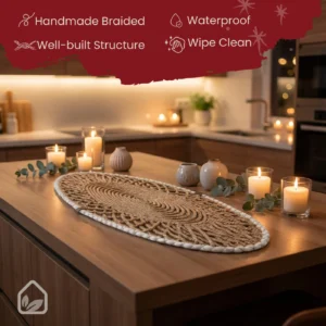 Waterproof woven table runner with easy clean surface