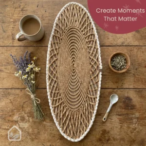 Oval woven table runner on rustic wooden table